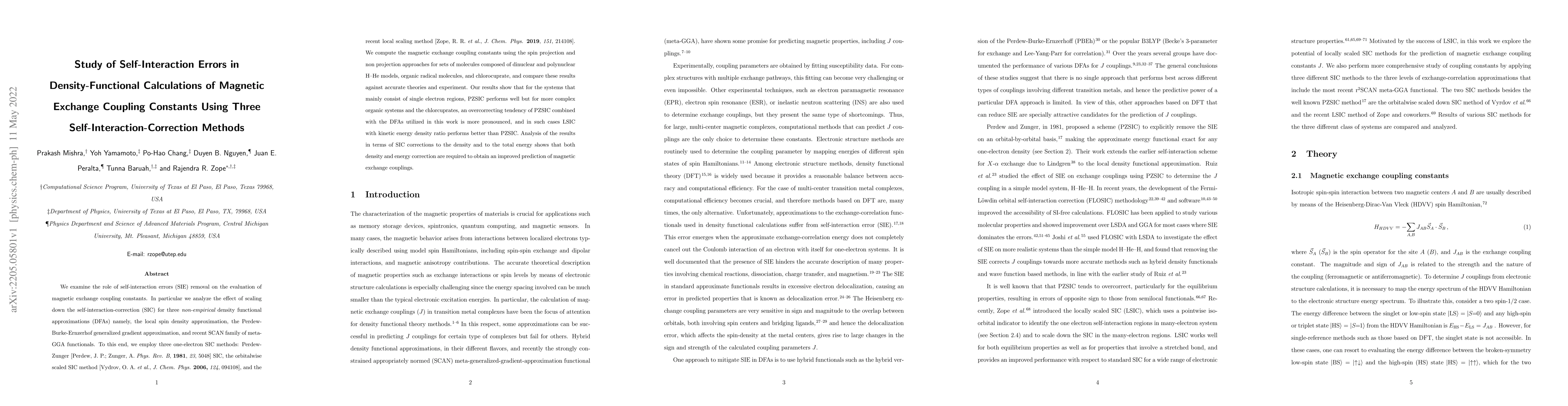 Thumbnail for Study of Self-Interaction Errors in Density Functional Calculations of
  Magnetic Exchange Coupling Constants Using Three Self-Interaction Correction
  Methods