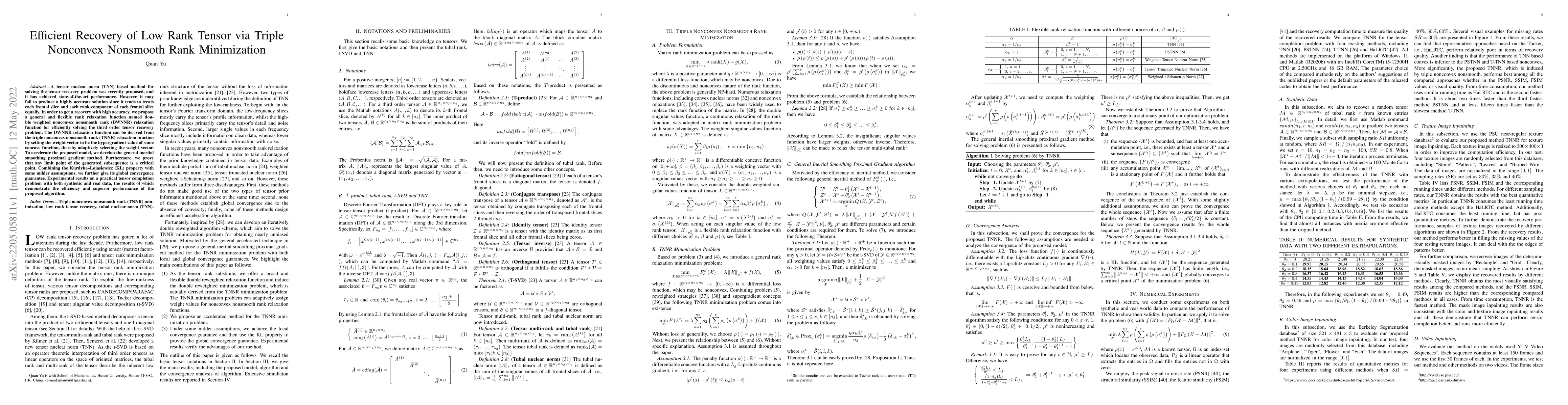 Thumbnail for Efficient Recovery of Low Rank Tensor via Triple Nonconvex Nonsmooth
  Rank Minimization