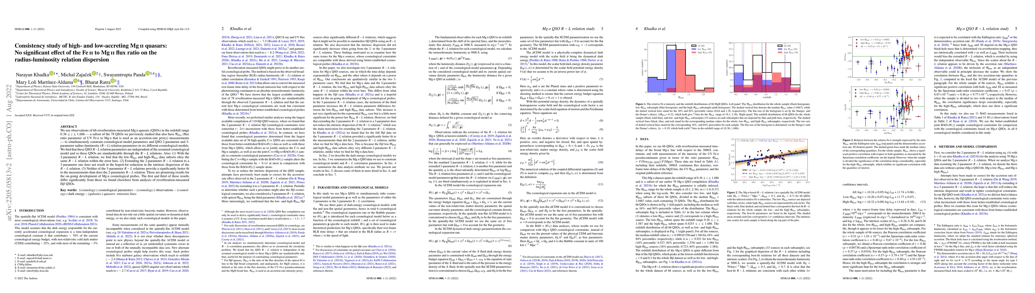 Thumbnail for Consistency study of high- and low-accreting Mg ii quasars: No
  significant effect of the Fe ii to Mg ii flux ratio on the radius-luminosity
  relation dispersion