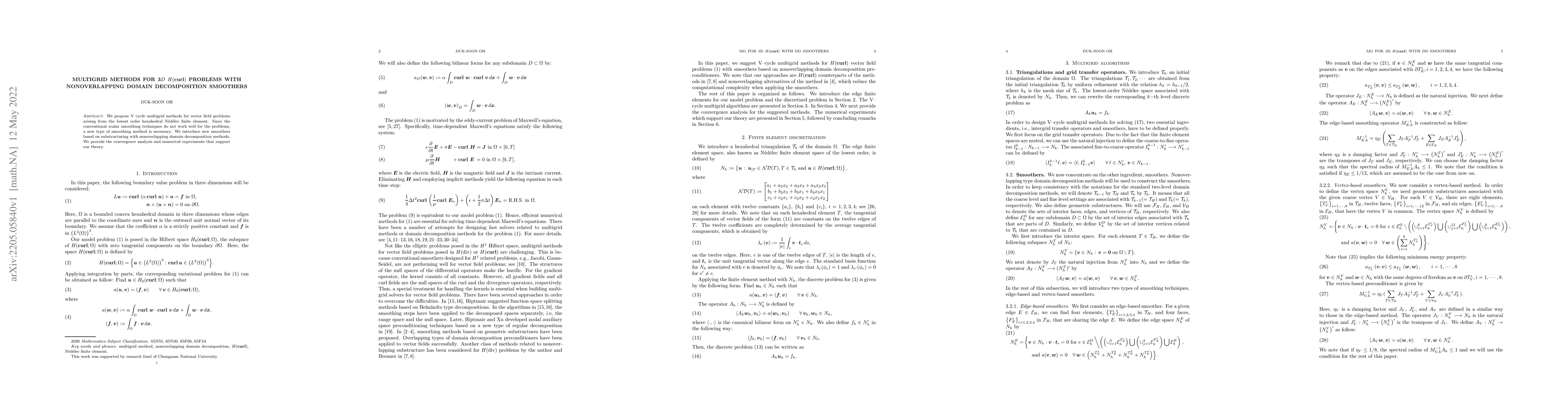 Thumbnail for Multigrid methods for 3$D$ $H(\mathbf{curl})$ problems with
  nonoverlapping domain decomposition smoothers