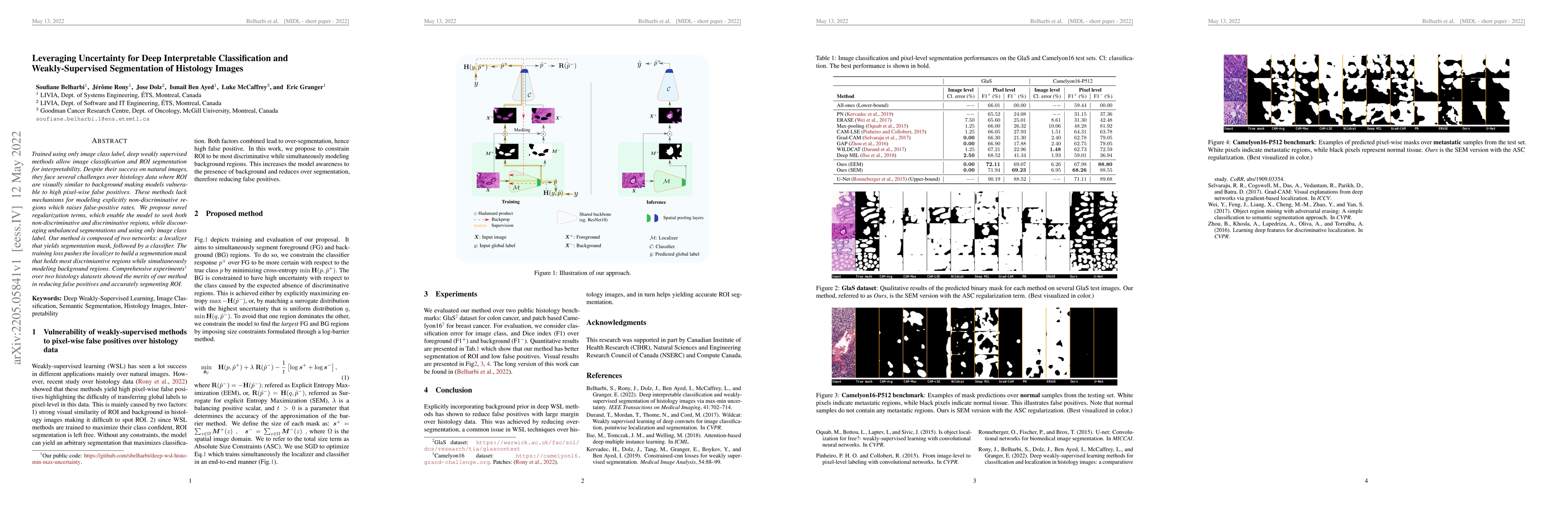 Thumbnail for Leveraging Uncertainty for Deep Interpretable Classification and
  Weakly-Supervised Segmentation of Histology Images
