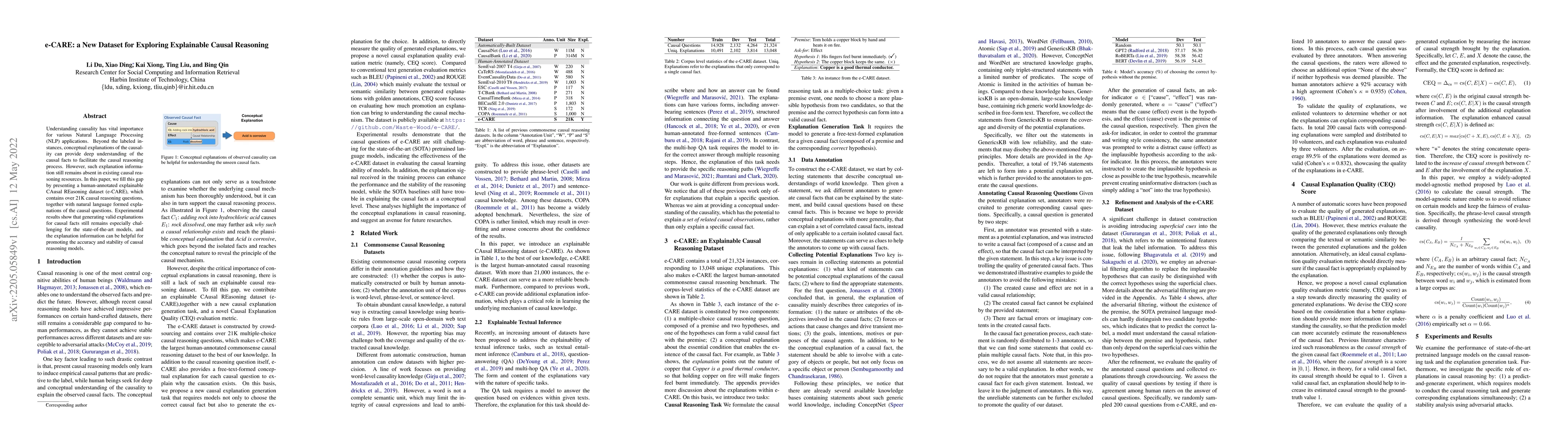 Thumbnail for e-CARE: a New Dataset for Exploring Explainable Causal Reasoning