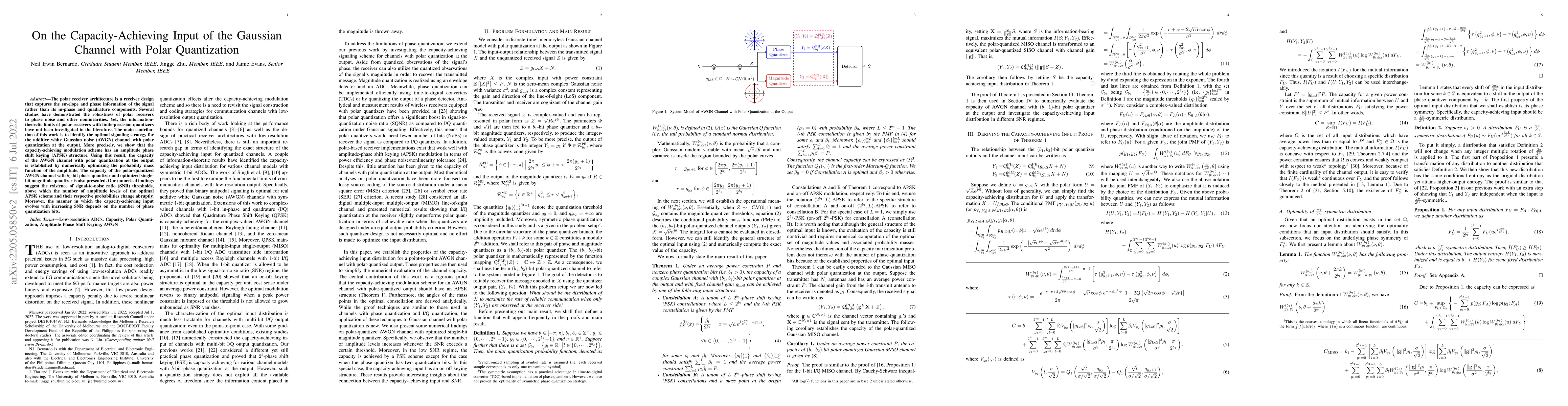 Thumbnail for On the Capacity-Achieving Input of the Gaussian Channel with Polar
  Quantization