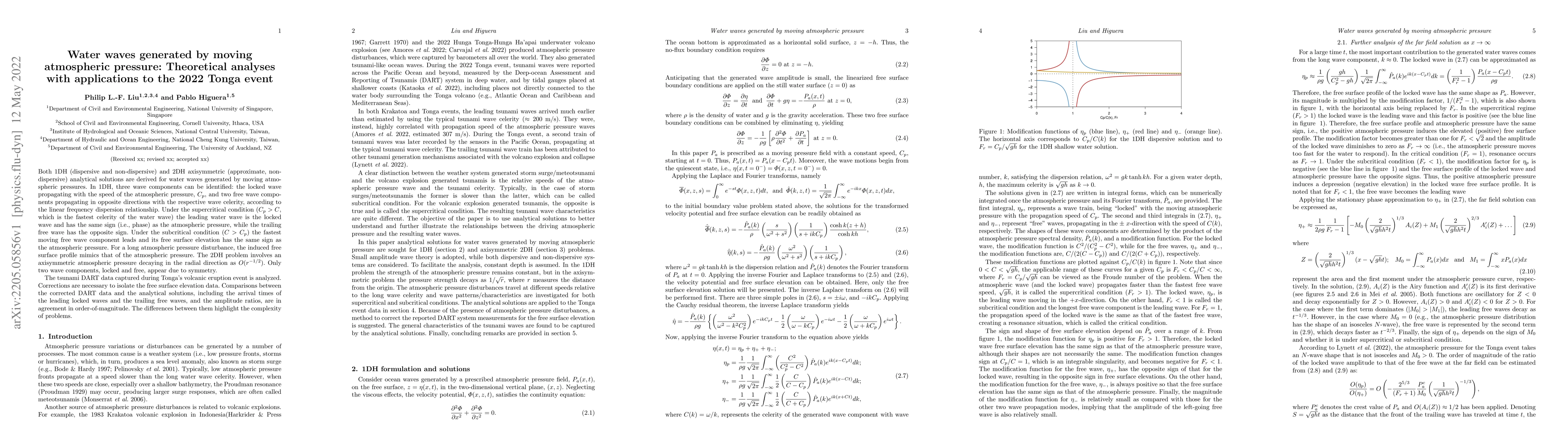 Thumbnail for Water waves generated by moving atmospheric pressure: Theoretical
  analyses with applications to the 2022 Tonga event