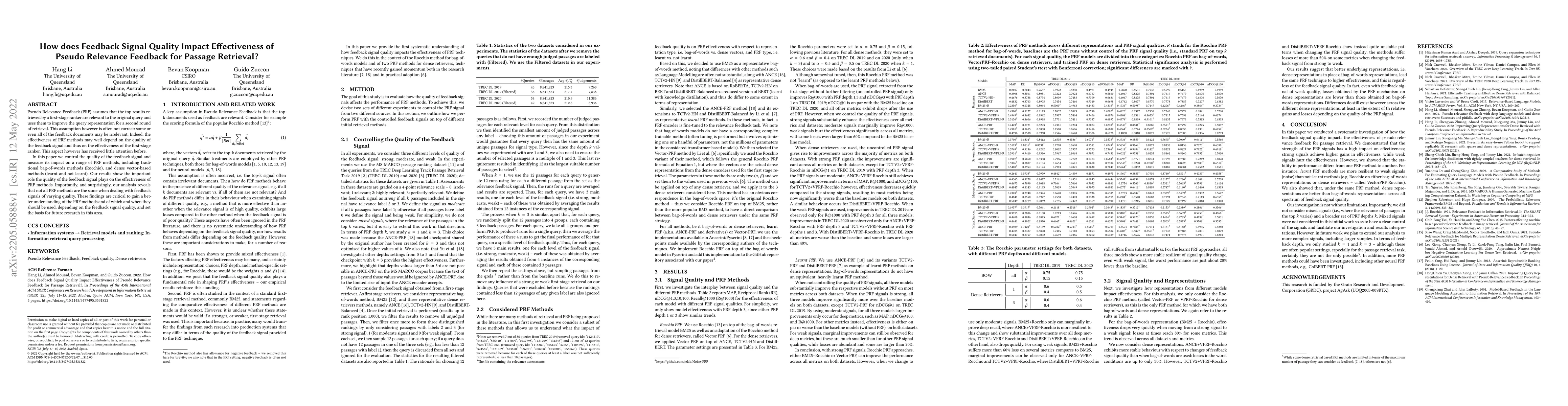 Thumbnail for How does Feedback Signal Quality Impact Effectiveness of Pseudo
  Relevance Feedback for Passage Retrieval?