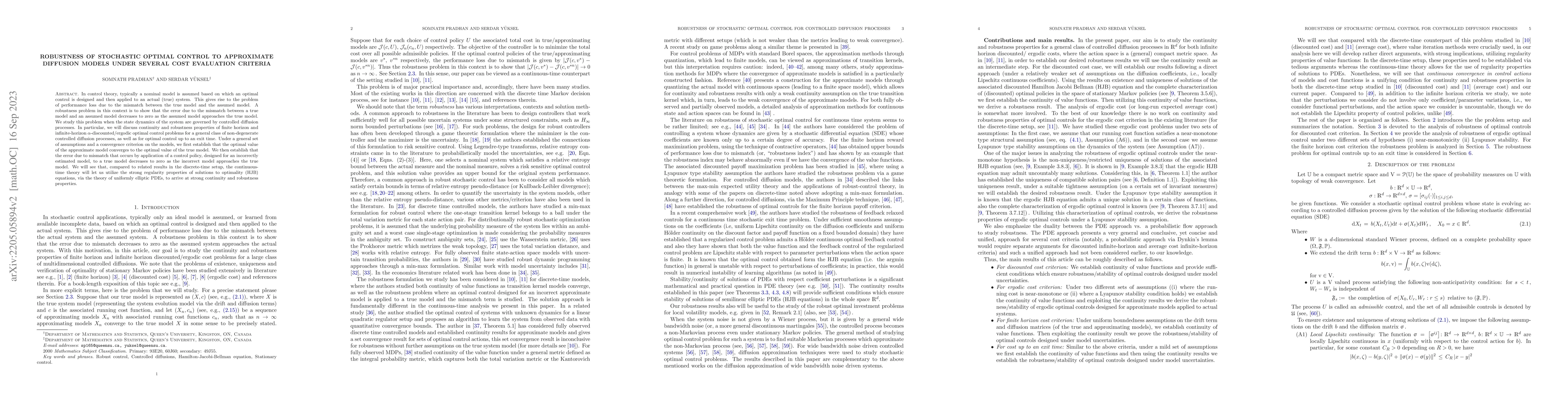 Thumbnail for Robustness of Stochastic Optimal Control to Approximate Diffusion Models
  under Several Cost Evaluation Criteria