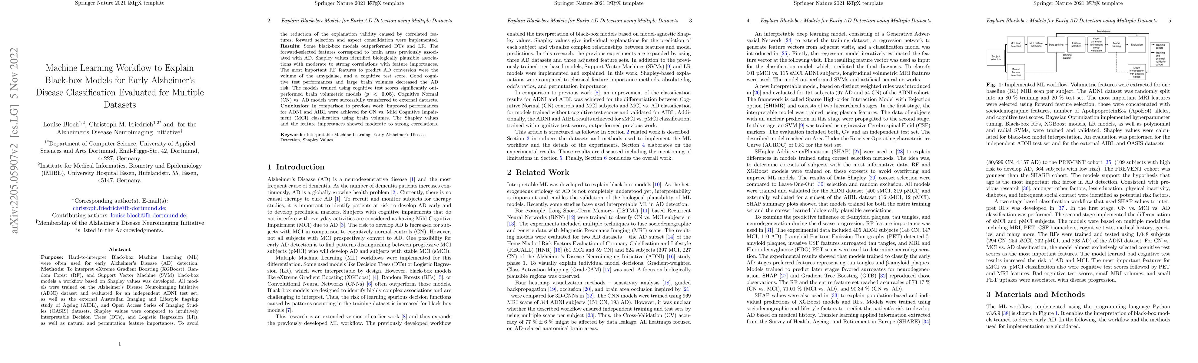 Thumbnail for Machine Learning Workflow to Explain Black-box Models for Early
  Alzheimer's Disease Classification Evaluated for Multiple Datasets
