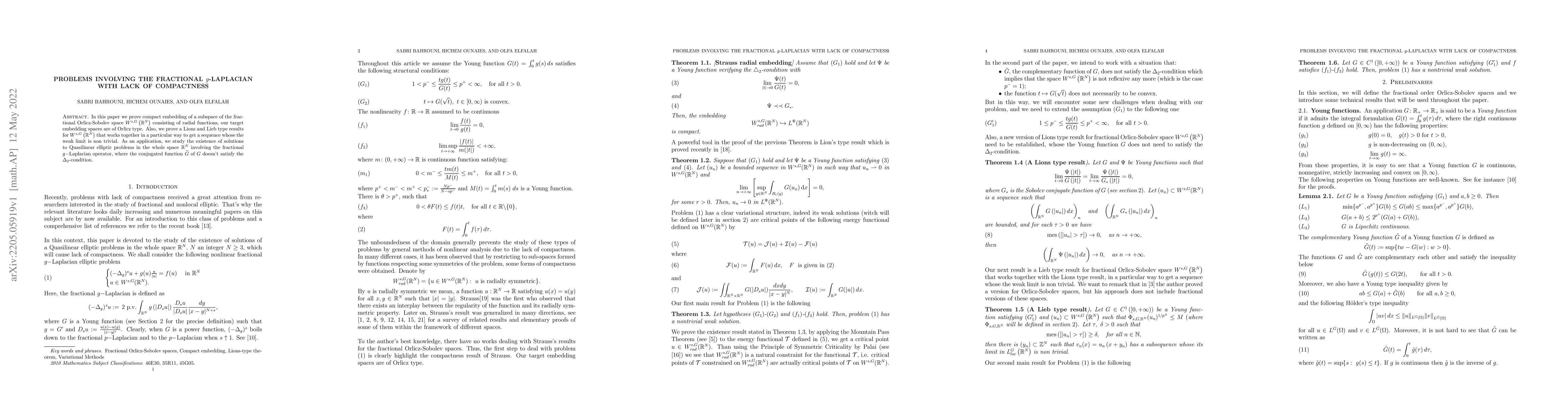 Thumbnail for Problems involving the fractional $g$-Laplacian with Lack of Compactness