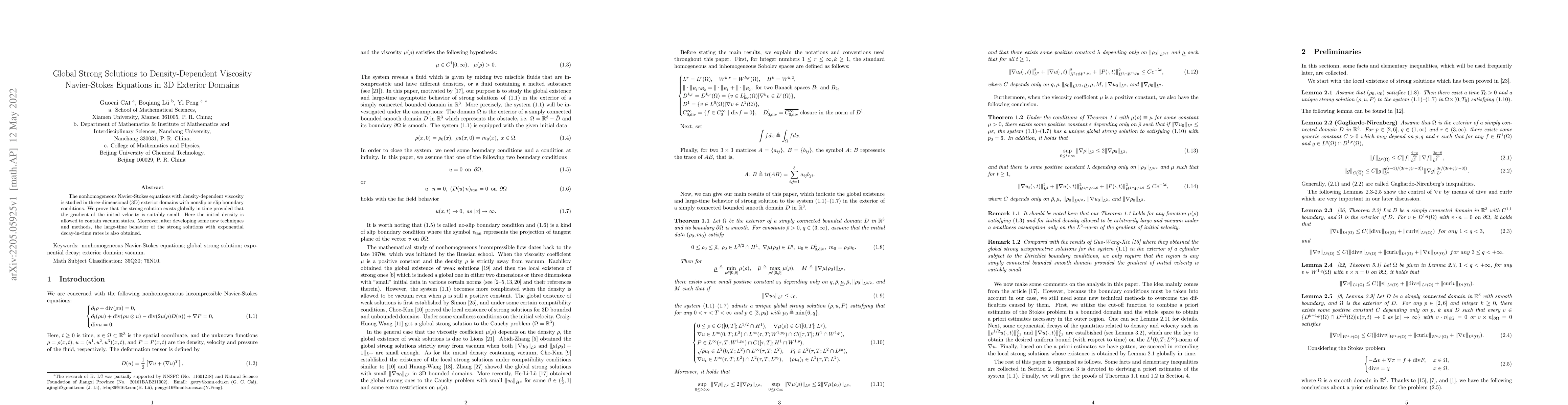Thumbnail for Global Strong Solutions to Density-Dependent Viscosity Navier-Stokes
  Equations in 3D Exterior Domains