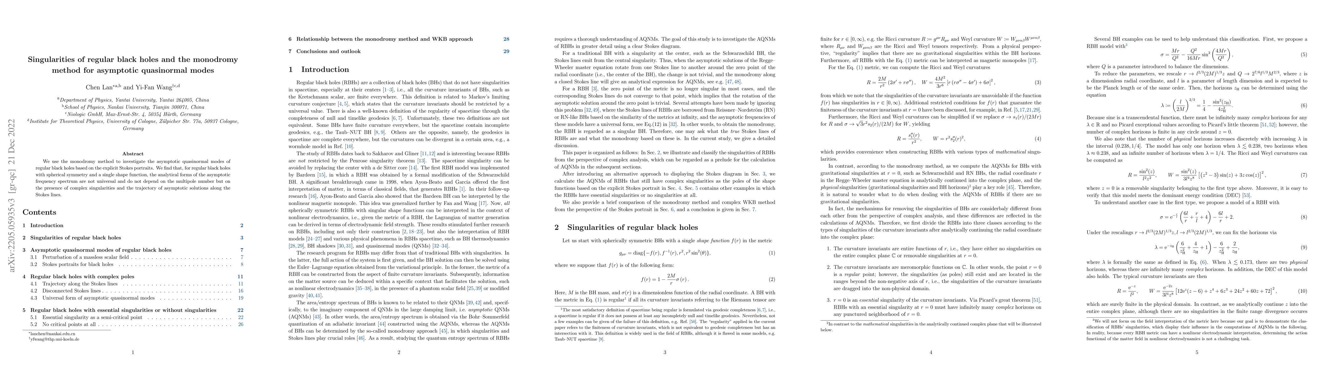 Thumbnail for Singularities of regular black holes and the monodromy method for
  asymptotic quasinormal modes