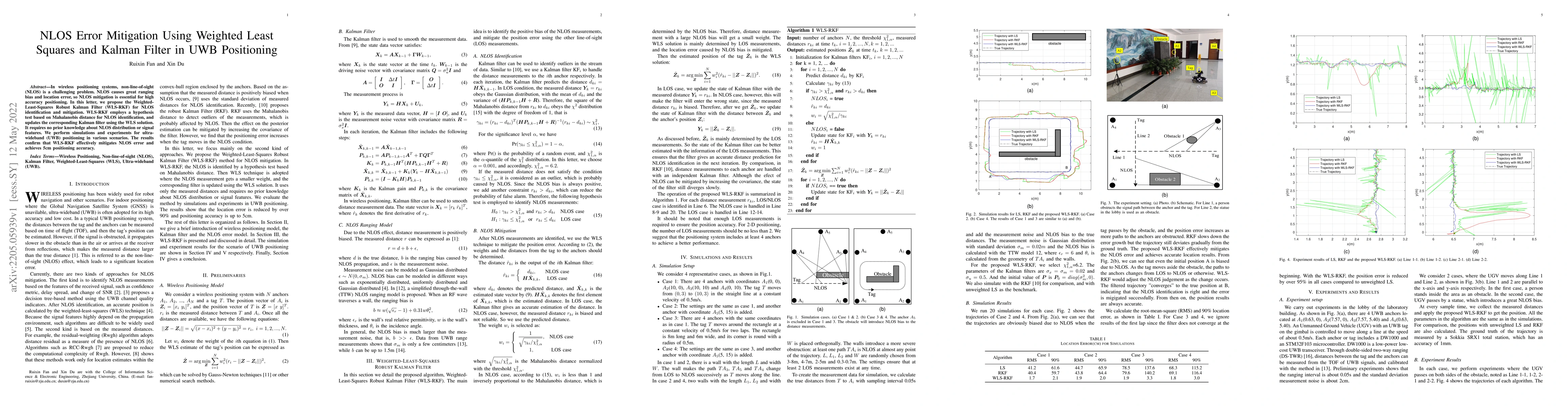 Thumbnail for NLOS Error Mitigation Using Weighted Least Squares and Kalman Filter in
  UWB Positioning