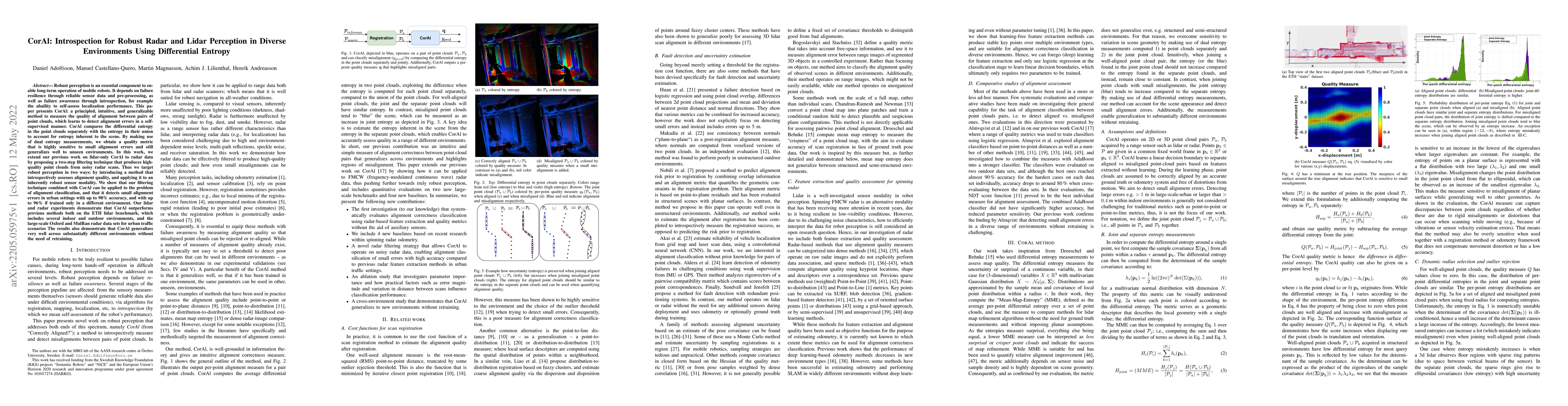 Thumbnail for CorAl: Introspection for Robust Radar and Lidar Perception in Diverse
  Environments Using Differential Entropy