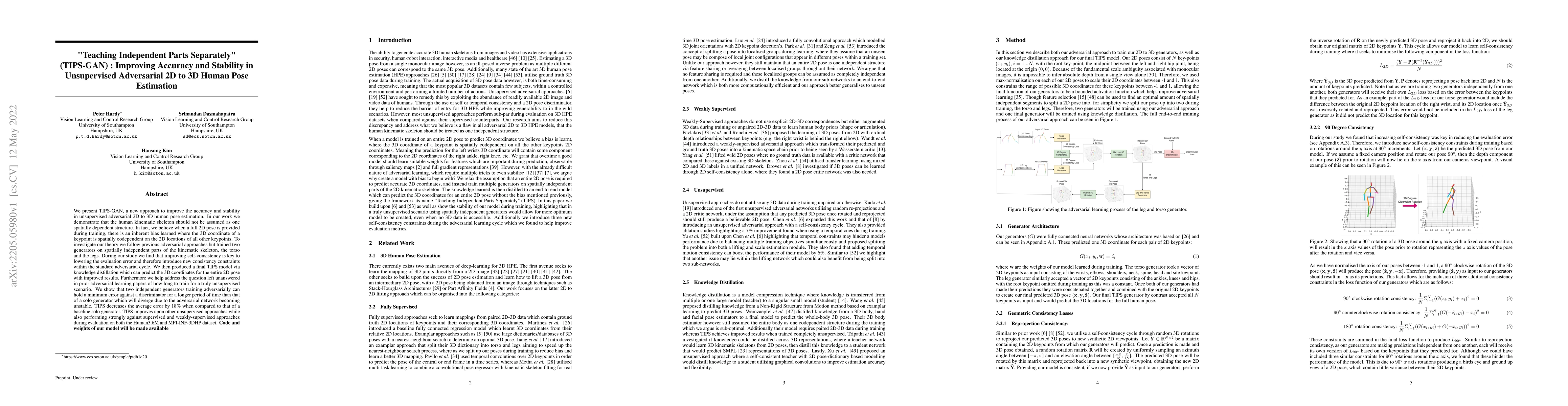 Thumbnail for "Teaching Independent Parts Separately" (TIPSy-GAN) : Improving Accuracy
  and Stability in Unsupervised Adversarial 2D to 3D Pose Estimation