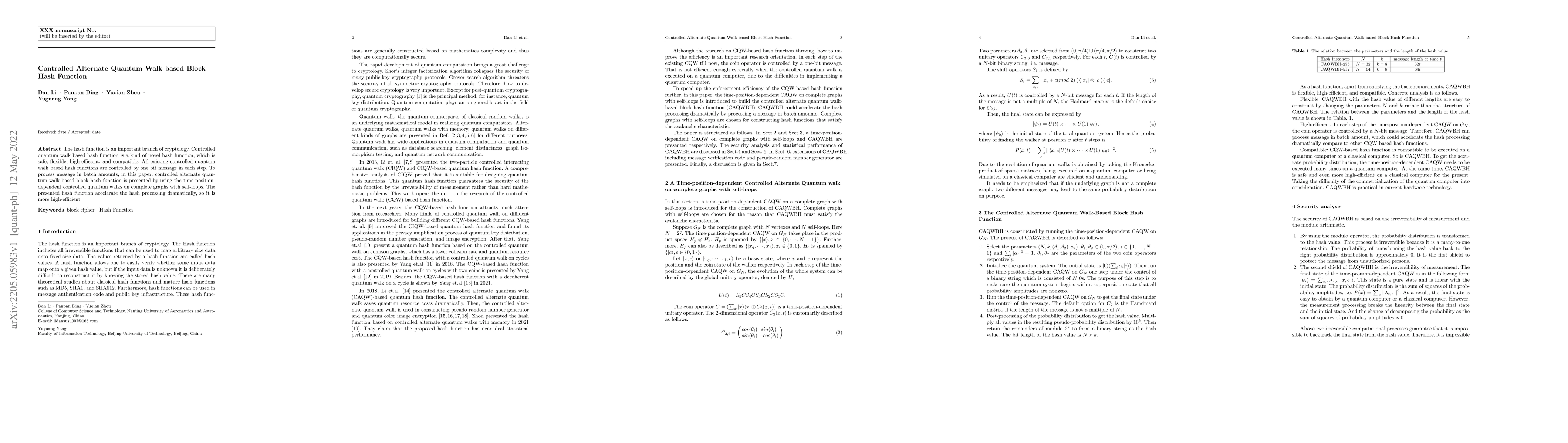 Thumbnail for Controlled Alternate Quantum Walk based Block Hash Function