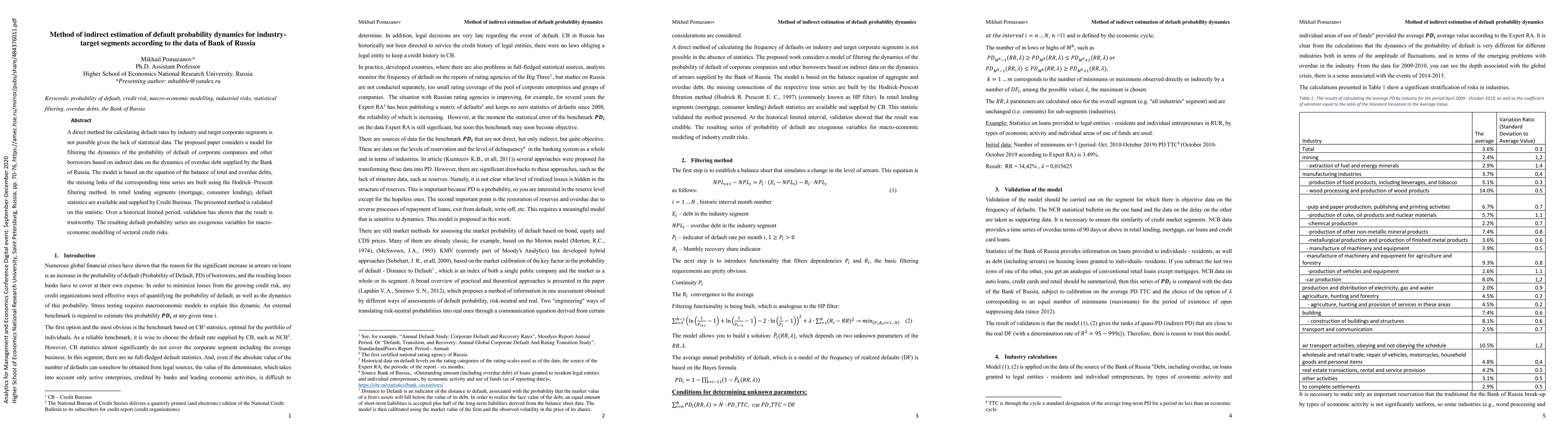 Thumbnail for Method of indirect estimation of default probability dynamics for
  industry-target segments according to the data of Bank of Russia