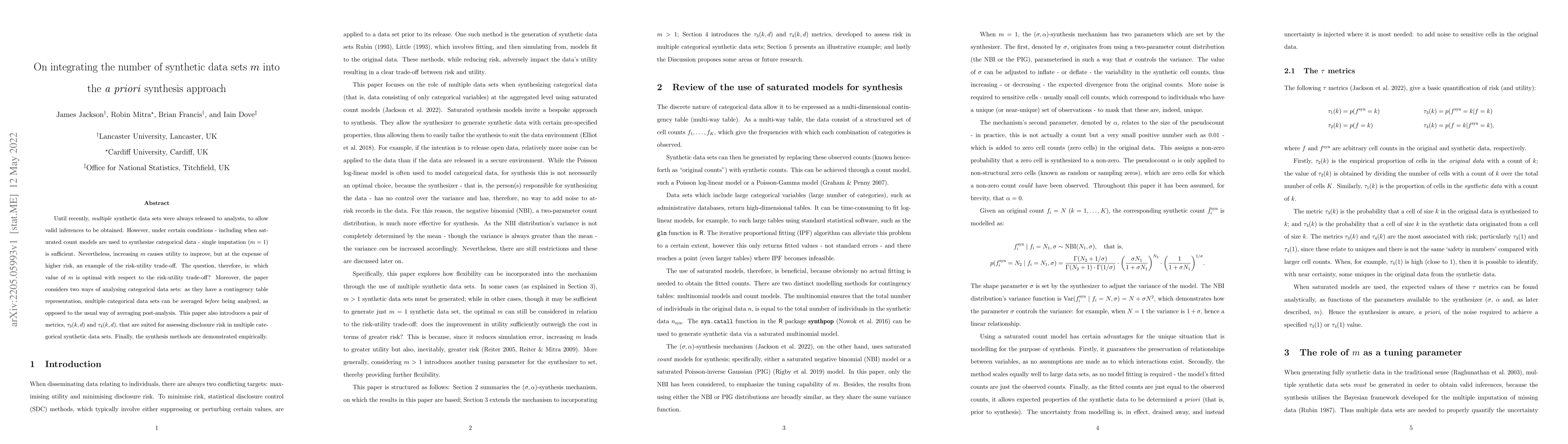 Thumbnail for On integrating the number of synthetic data sets $m$ into the 'a priori'
  synthesis approach