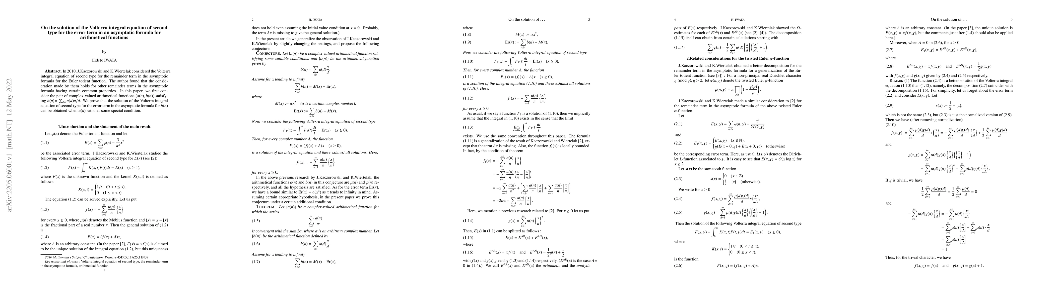 Thumbnail for On the solution of the Volterra integral equation of second type for the
  error term in an asymptotic formula for arithmetical functions