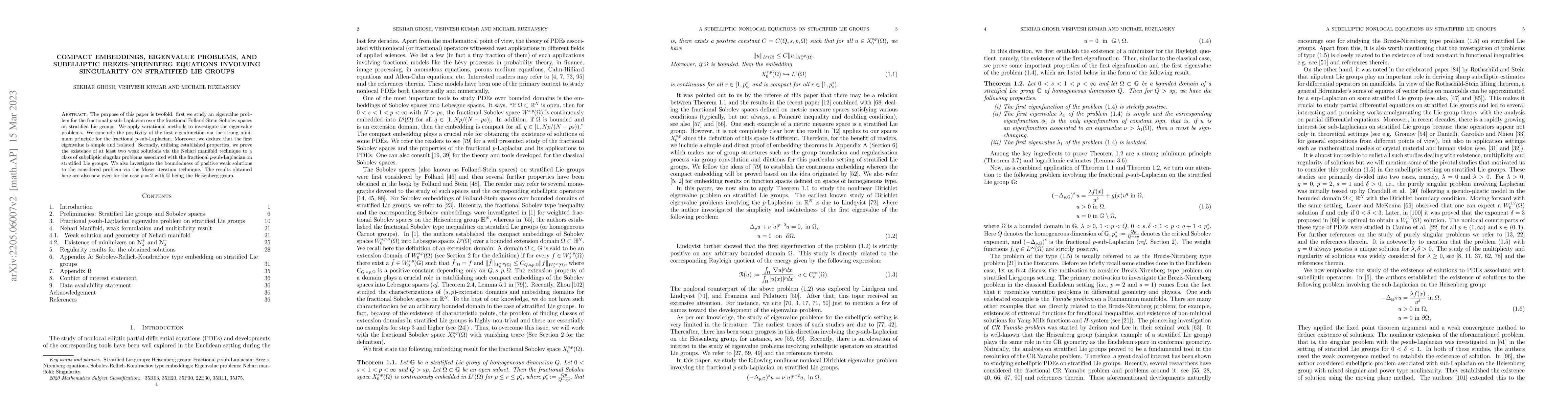 Thumbnail for Compact Embeddings, Eigenvalue Problems, and subelliptic
  Brezis-Nirenberg equations involving singularity on stratified Lie groups
