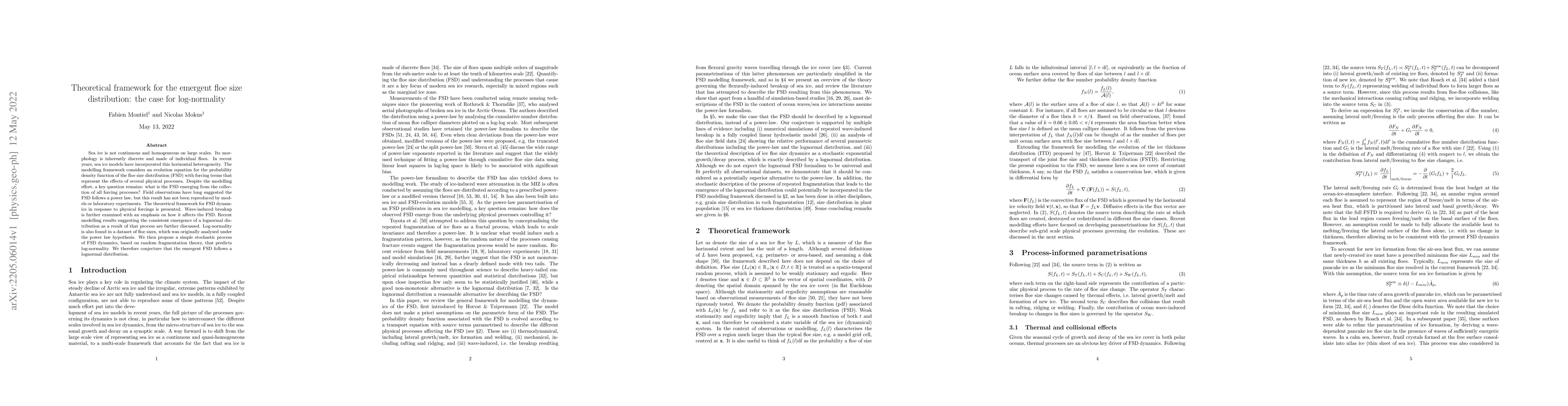 Thumbnail for Theoretical framework for the emergent floe size distribution: the case
  for log-normality