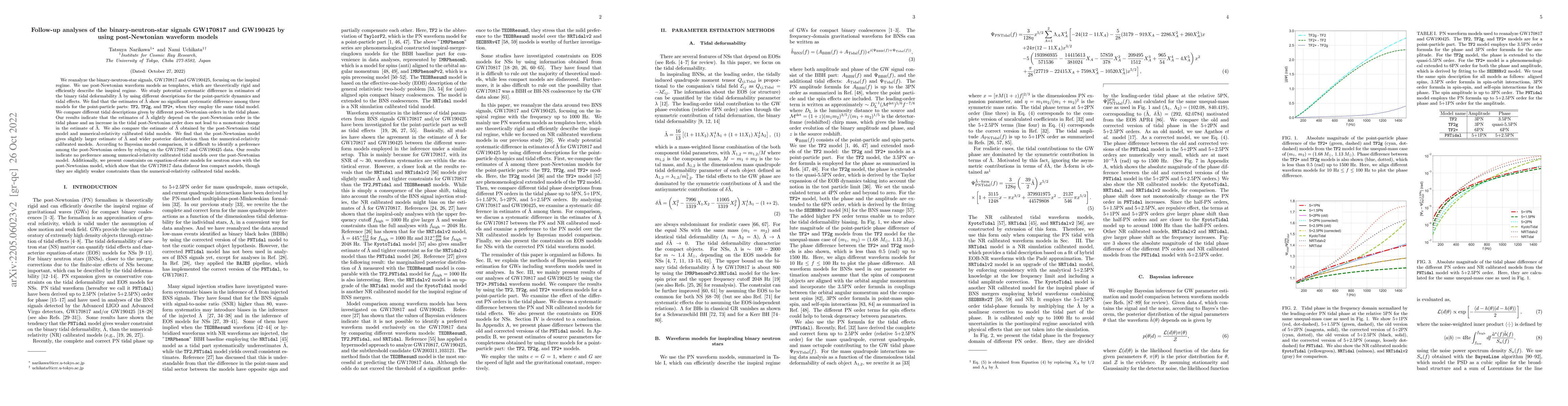 Thumbnail for Follow-up analyses of the binary-neutron-star signals GW170817 and
  GW190425 by using post-Newtonian waveform models