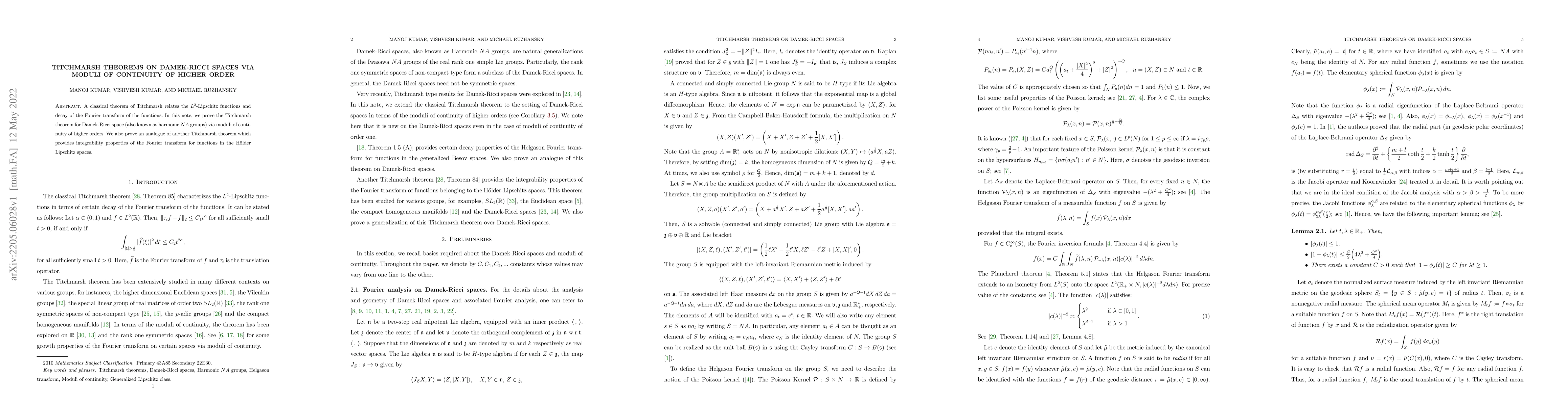 Thumbnail for Titchmarsh theorems on Damek-Ricci spaces via moduli of continuity of
  higher order