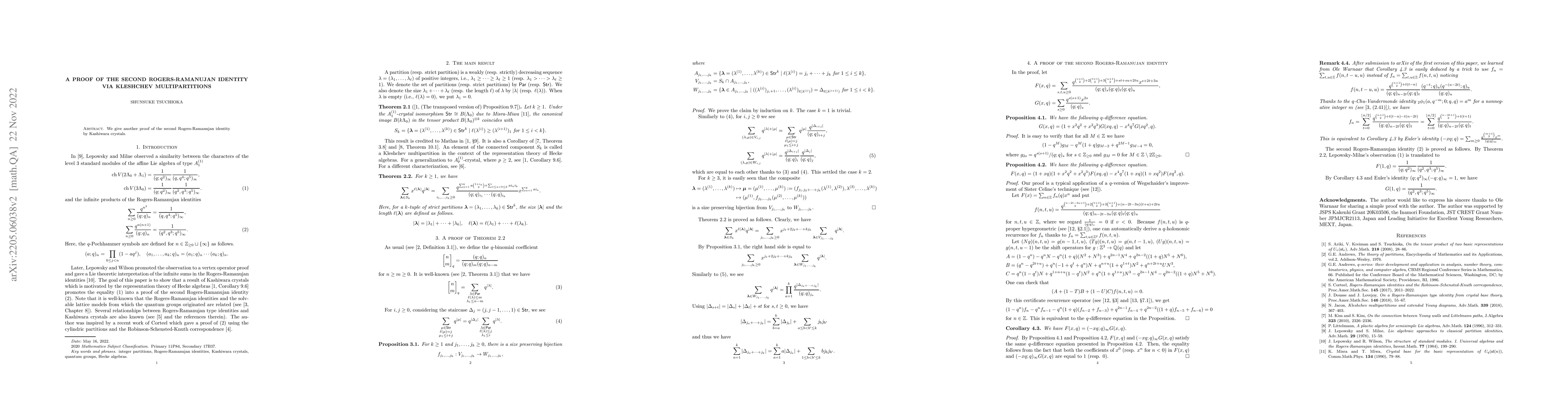 Thumbnail for A proof of the second Rogers-Ramanujan identity via Kleshchev
  multipartitions