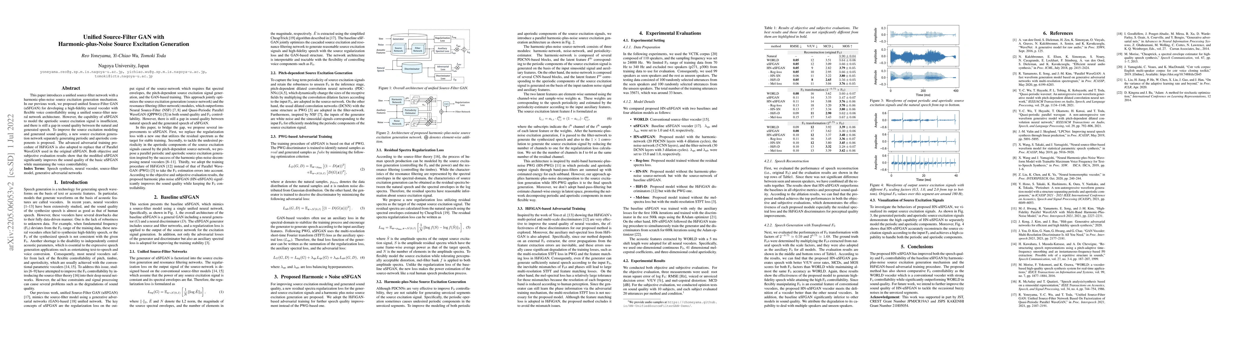 Thumbnail for Unified Source-Filter GAN with Harmonic-plus-Noise Source Excitation
  Generation