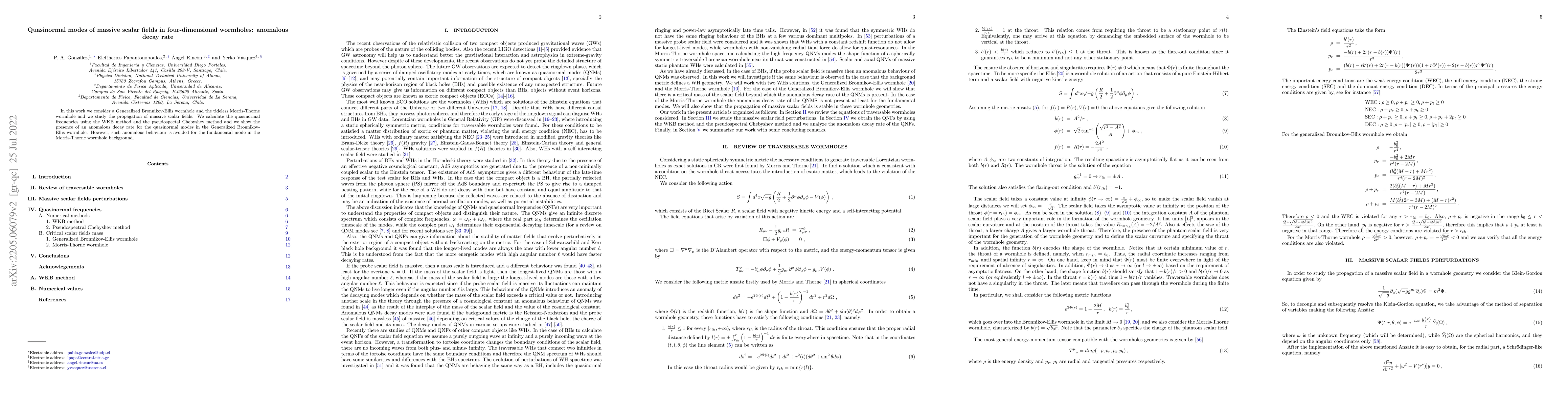 Thumbnail for Quasinormal modes of massive scalar fields in four-dimensional
  wormholes: anomalous decay rate