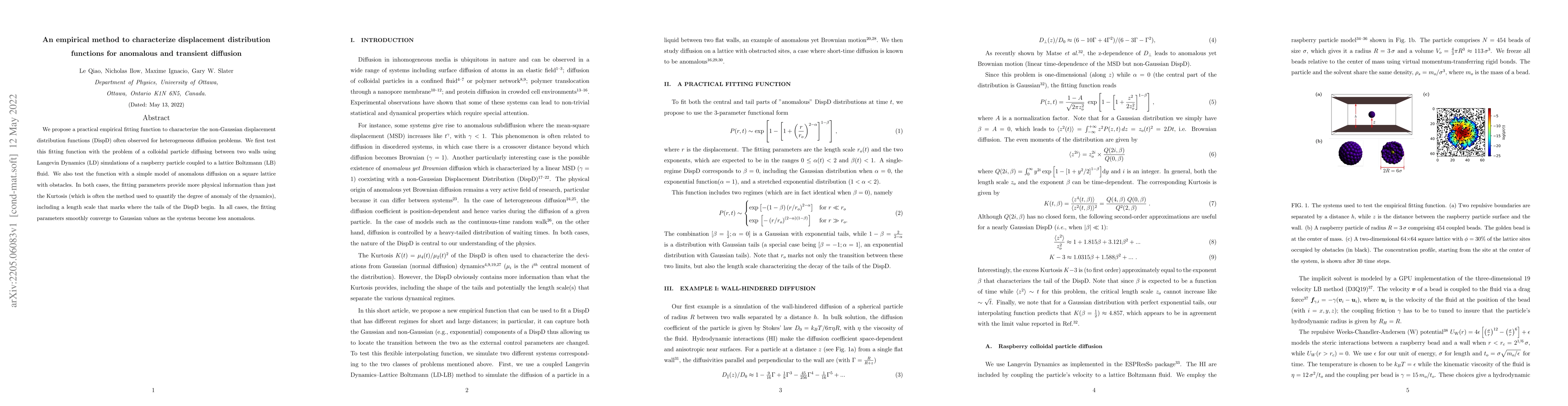 Thumbnail for An empirical method to characterize displacement distribution functions
  for anomalous and transient diffusion
