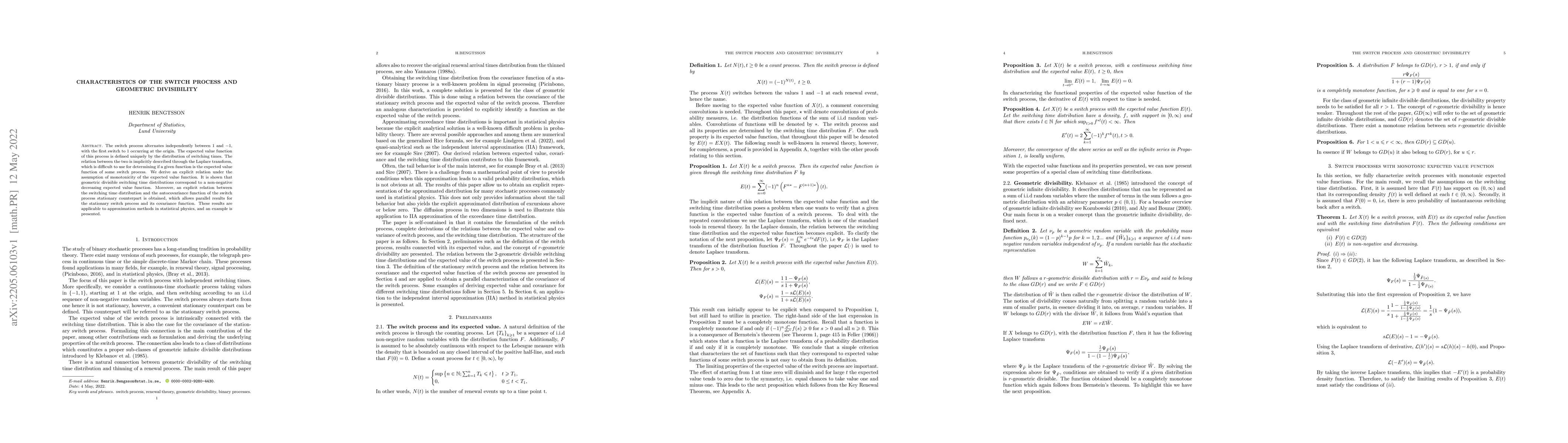 Thumbnail for Characteristics of the switch process and geometric divisibility