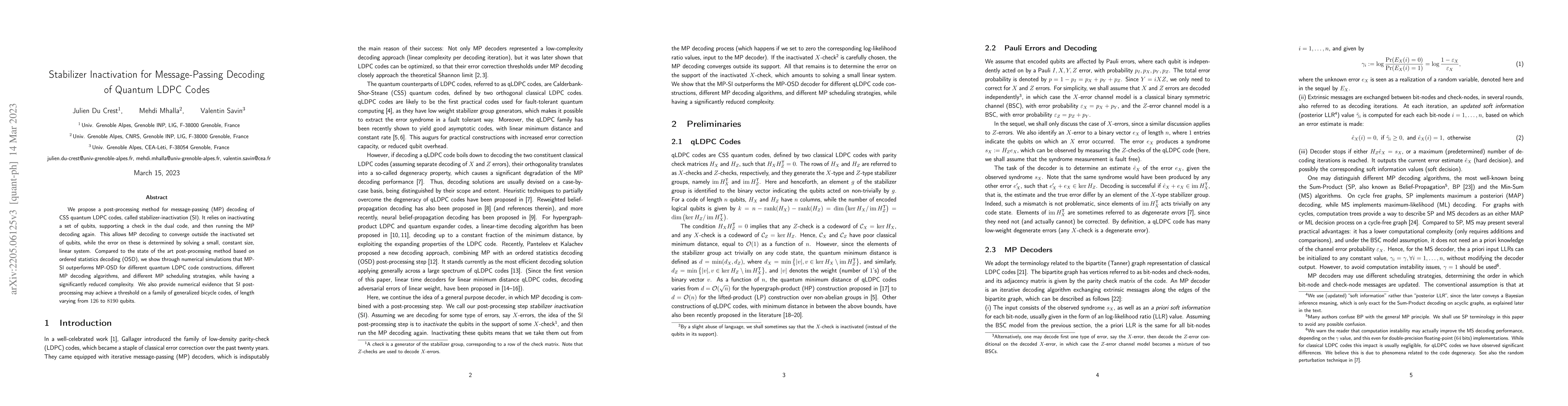 Thumbnail for Stabilizer Inactivation for Message-Passing Decoding of Quantum LDPC
  Codes