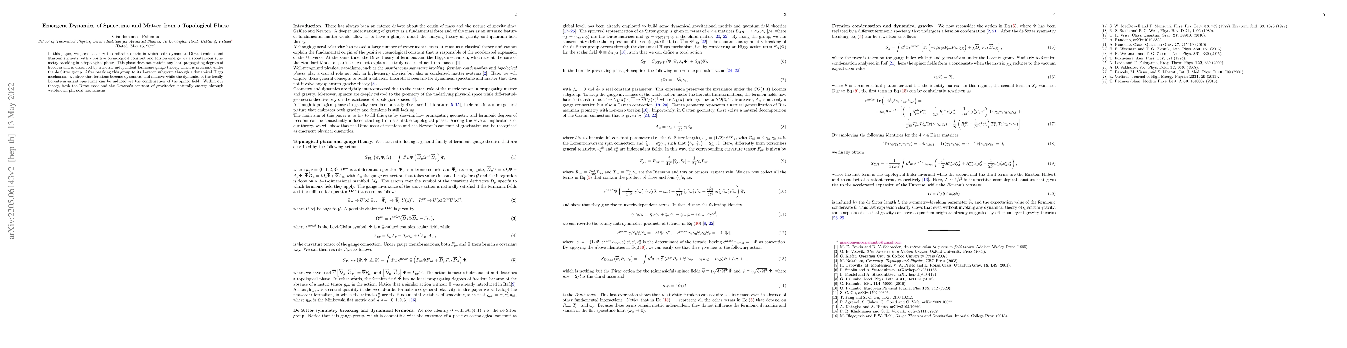 Thumbnail for Emergent Dynamics of Spacetime and Matter from a Topological Phase