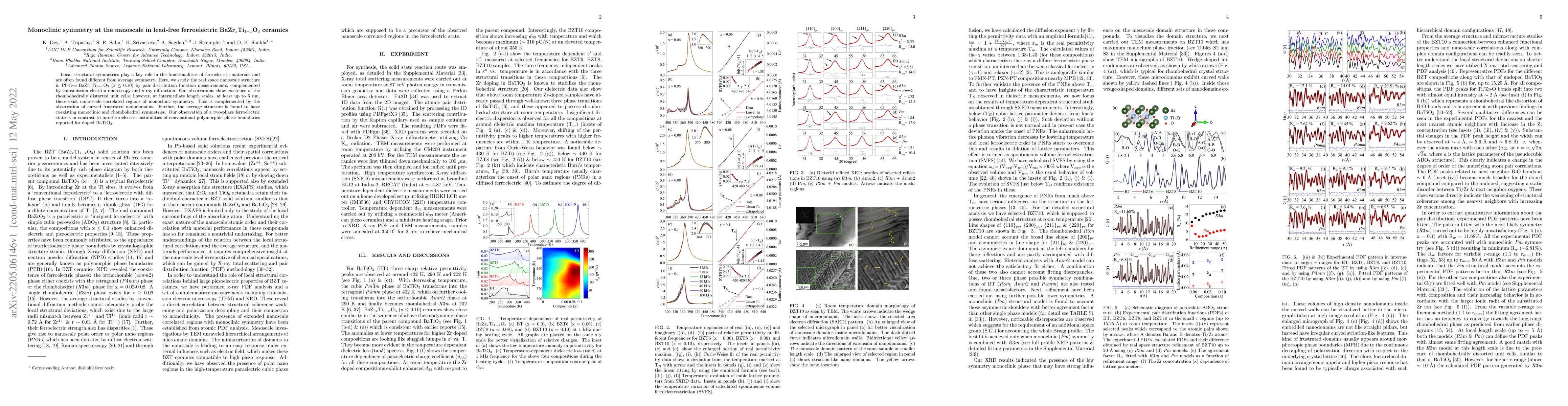 Thumbnail for Monoclinic symmetry at the nanoscale in lead-free ferroelectric
  BaZr$_{x}$Ti$_{1-x}$O$_{3}$ ceramics