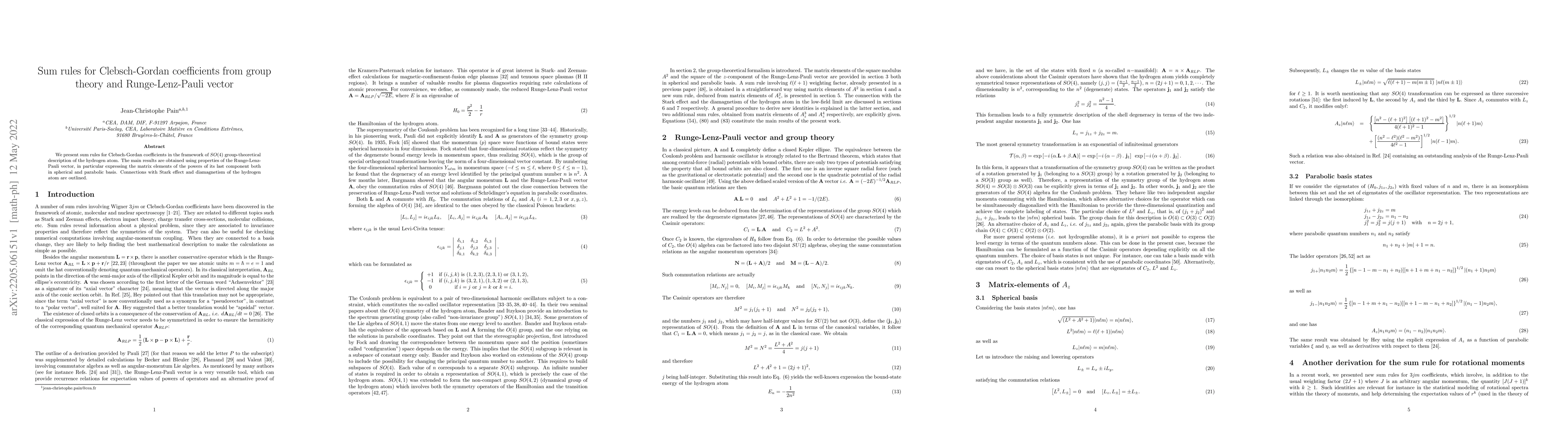 Thumbnail for Sum rules for Clebsch-Gordan coefficients from group theory and
  Runge-Lenz-Pauli vector