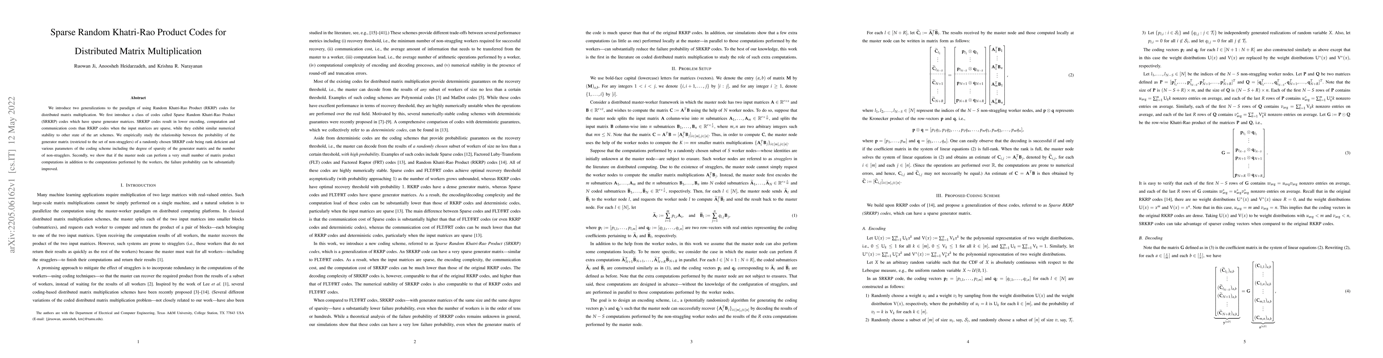 Thumbnail for Sparse Random Khatri-Rao Product Codes for Distributed Matrix
  Multiplication