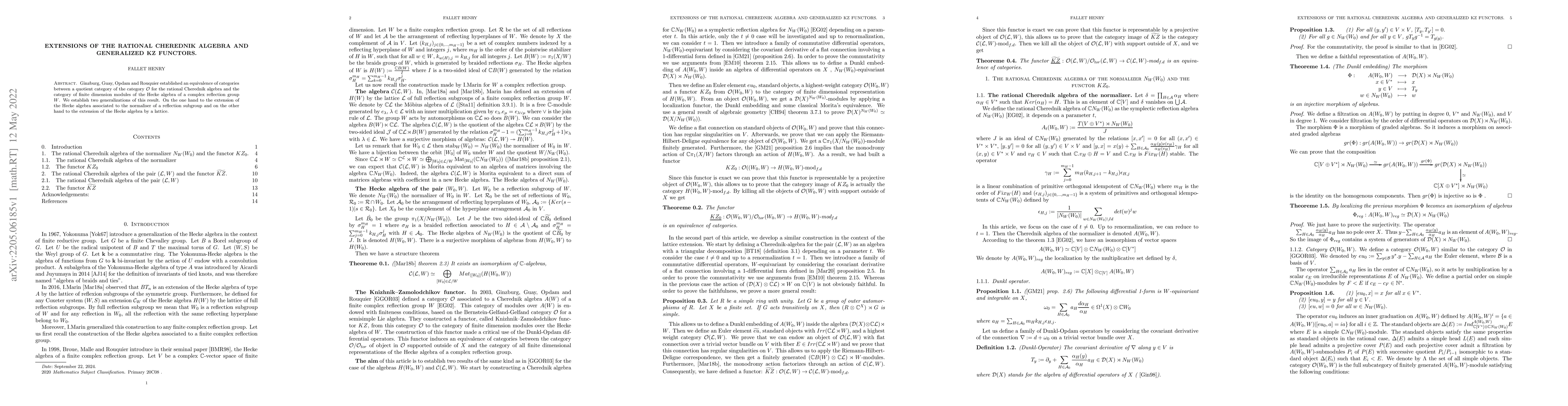 Thumbnail for Extensions of the rational Cherednik algebra and generalized KZ functors