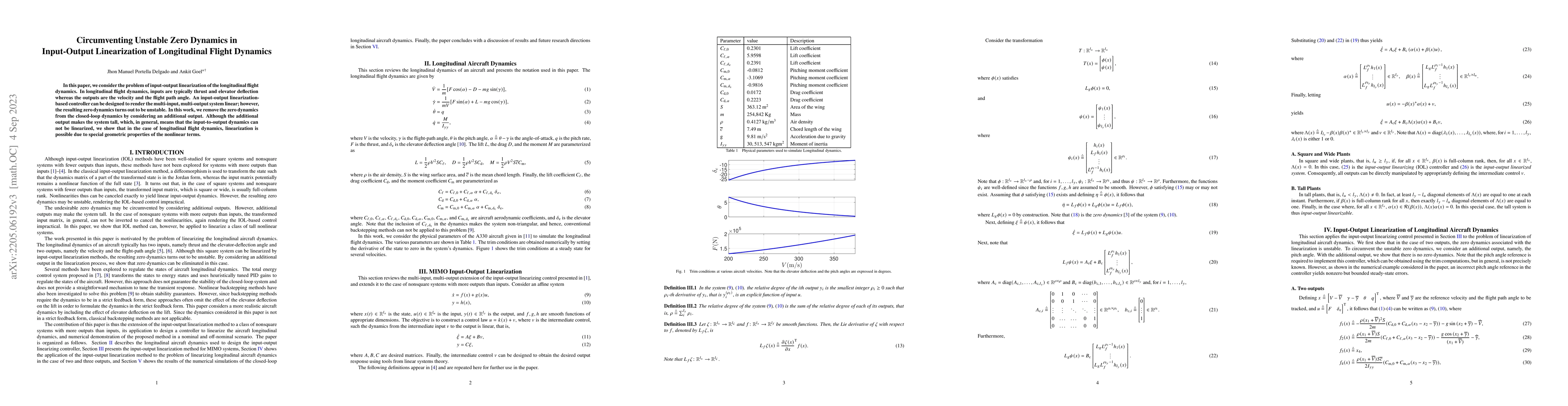 Thumbnail for Circumventing Unstable Zero Dynamics in Input-Output Linearization of
  Longitudinal Flight Dynamics