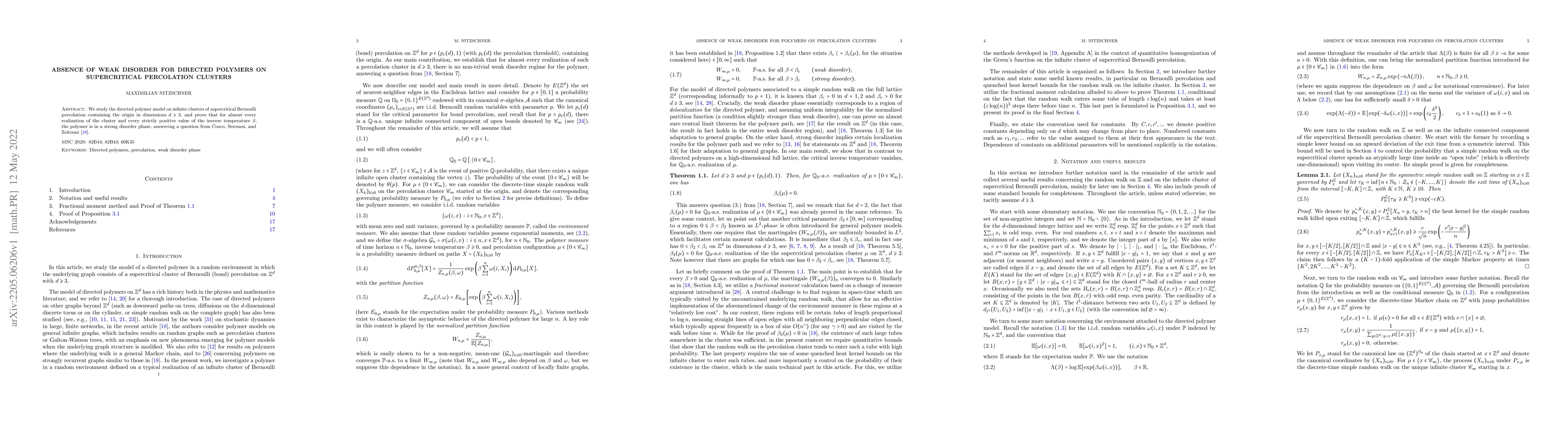 Thumbnail for Absence of weak disorder for directed polymers on supercritical
  percolation clusters