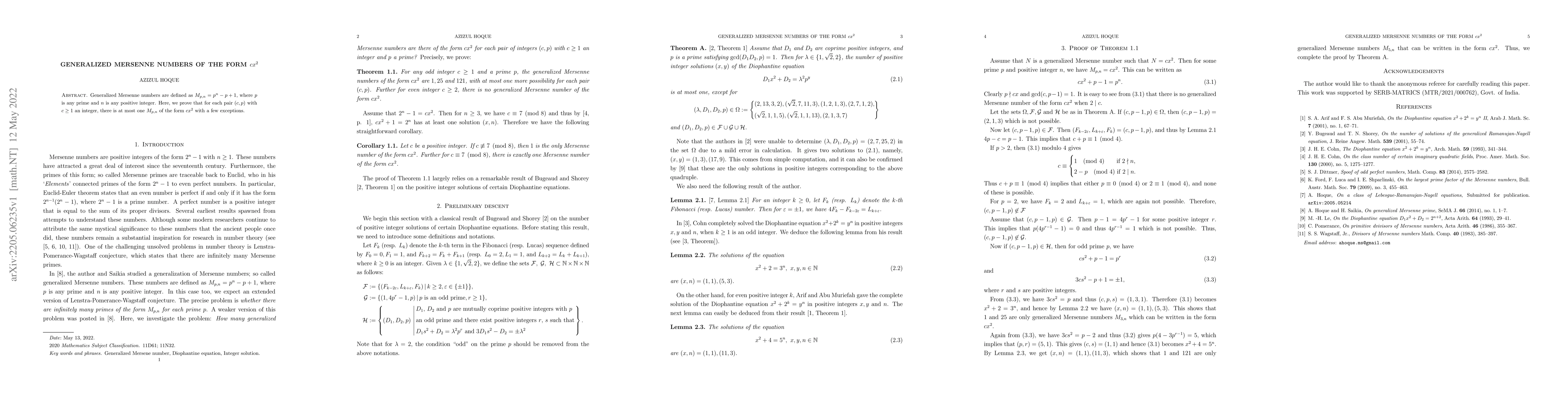 Thumbnail for Generalized Mersenne Numbers of the form $cx^2$