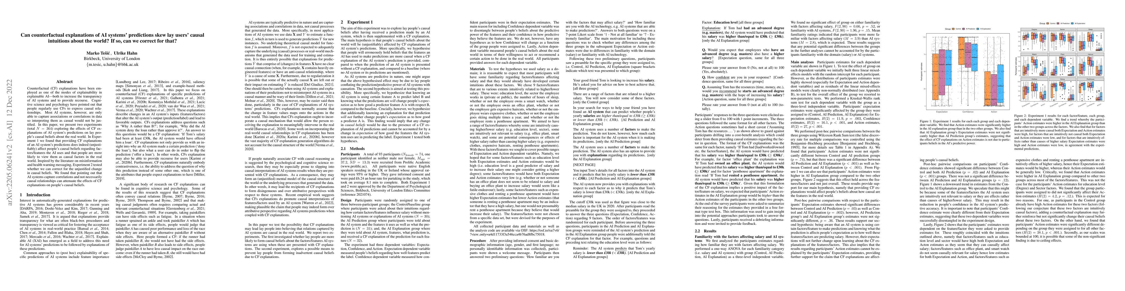Thumbnail for Can counterfactual explanations of AI systems' predictions skew lay
  users' causal intuitions about the world? If so, can we correct for that?