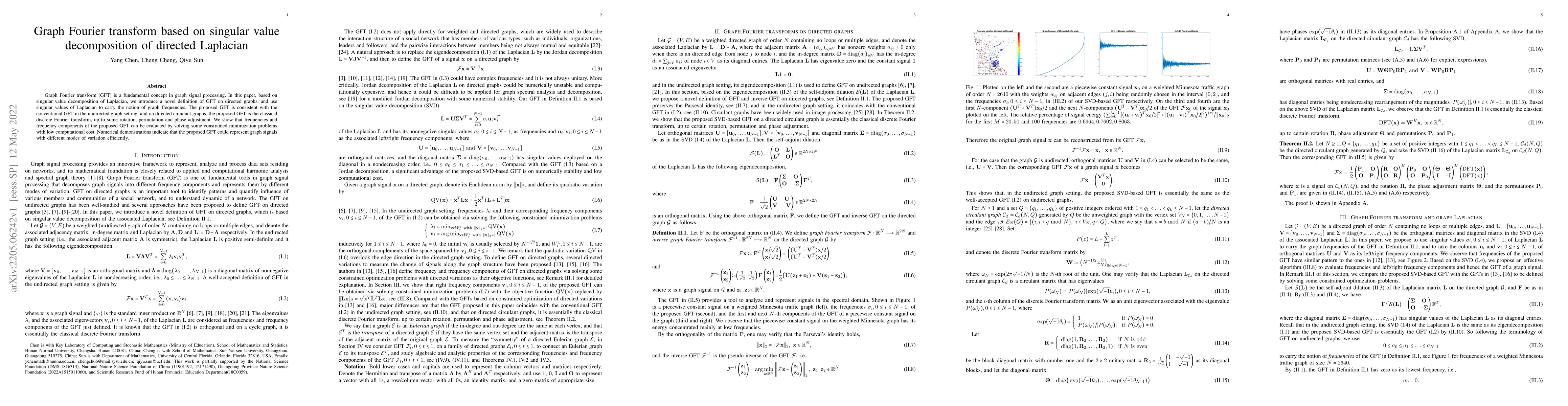 Thumbnail for Graph Fourier transform based on singular value decomposition of
  directed Laplacian