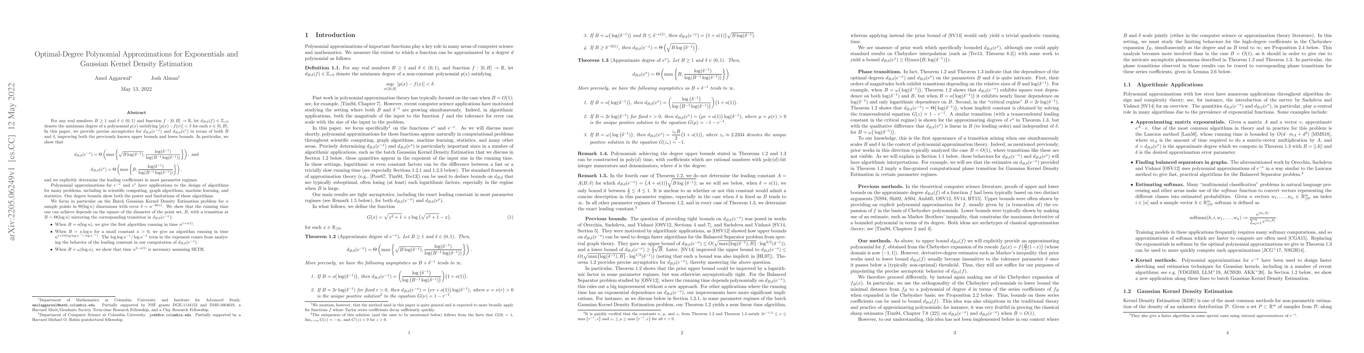 Thumbnail for Optimal-Degree Polynomial Approximations for Exponentials and Gaussian
  Kernel Density Estimation
