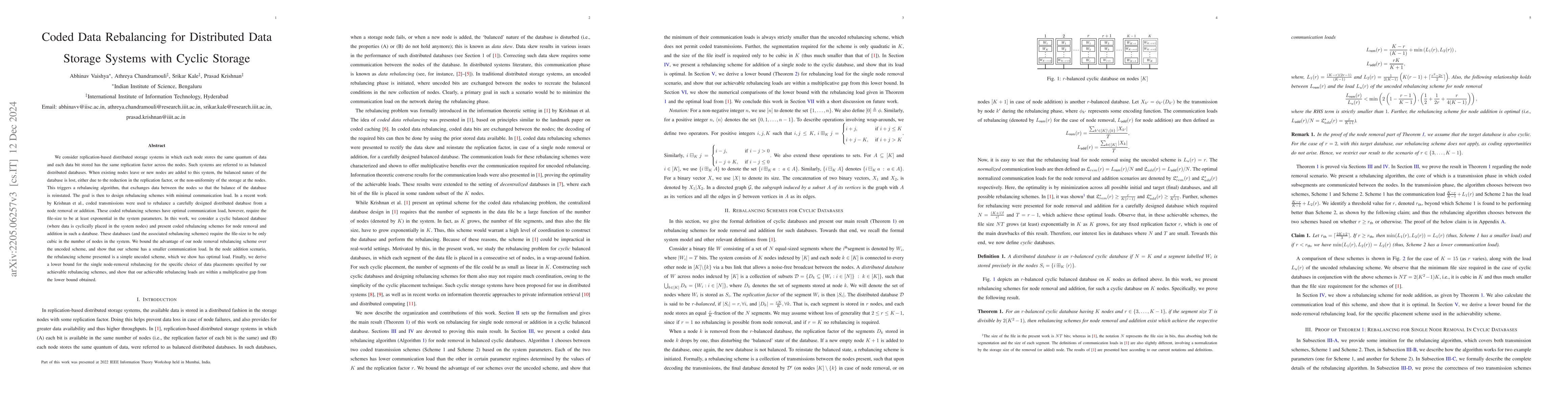Thumbnail for Coded Data Rebalancing for Distributed Data Storage Systems with Cyclic
  Storage