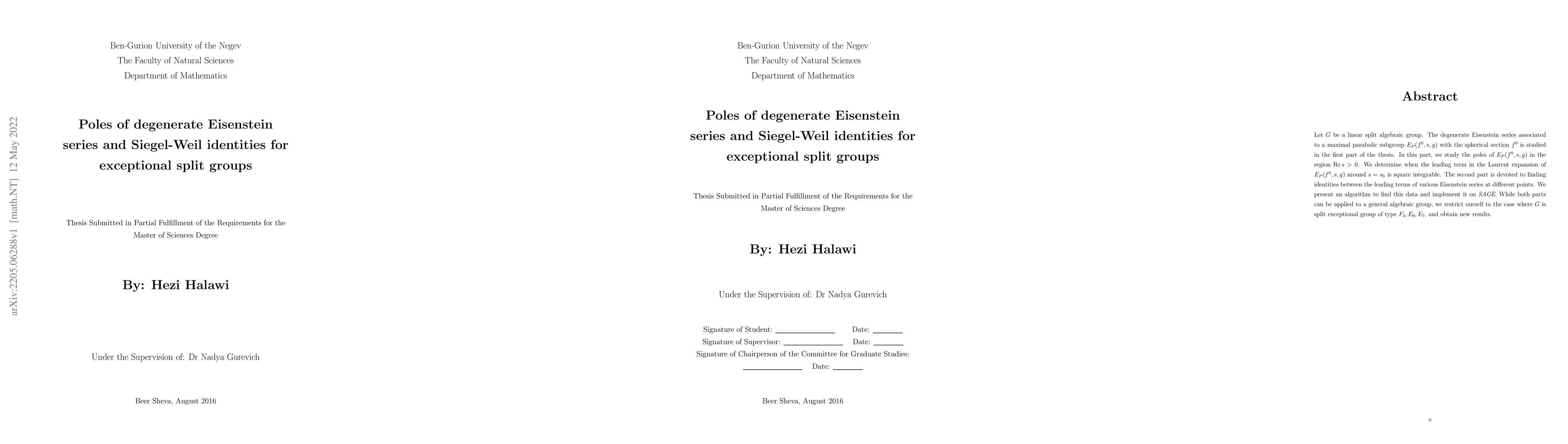 Thumbnail for Poles of degenerate Eisenstein series and Siegel-Weil identities for
  exceptional split groups