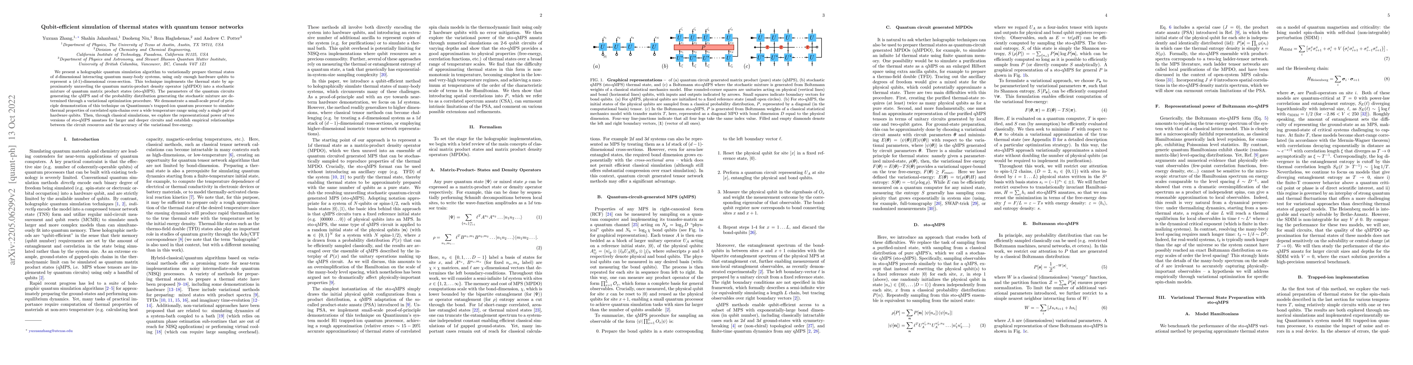Thumbnail for Qubit-efficient simulation of thermal states with quantum tensor
  networks
