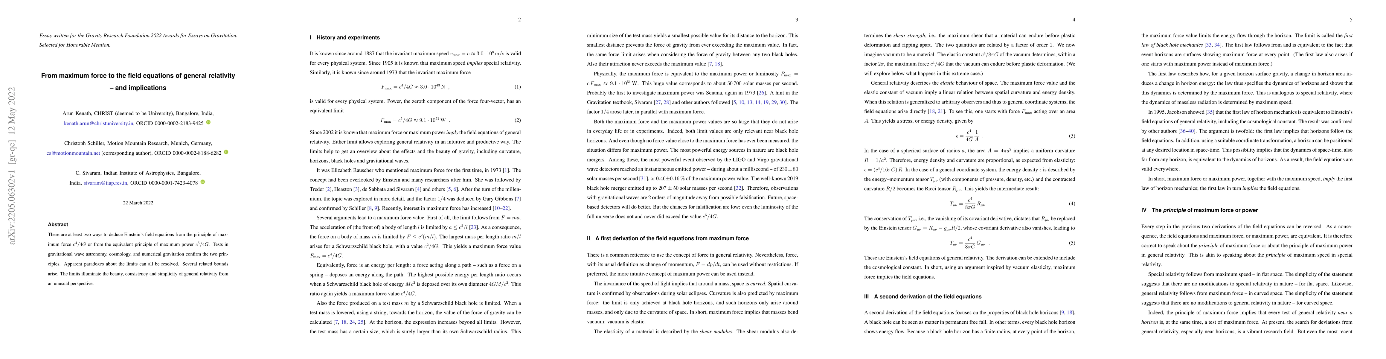 Thumbnail for From maximum force to the field equations of general relativity -- and
  implications