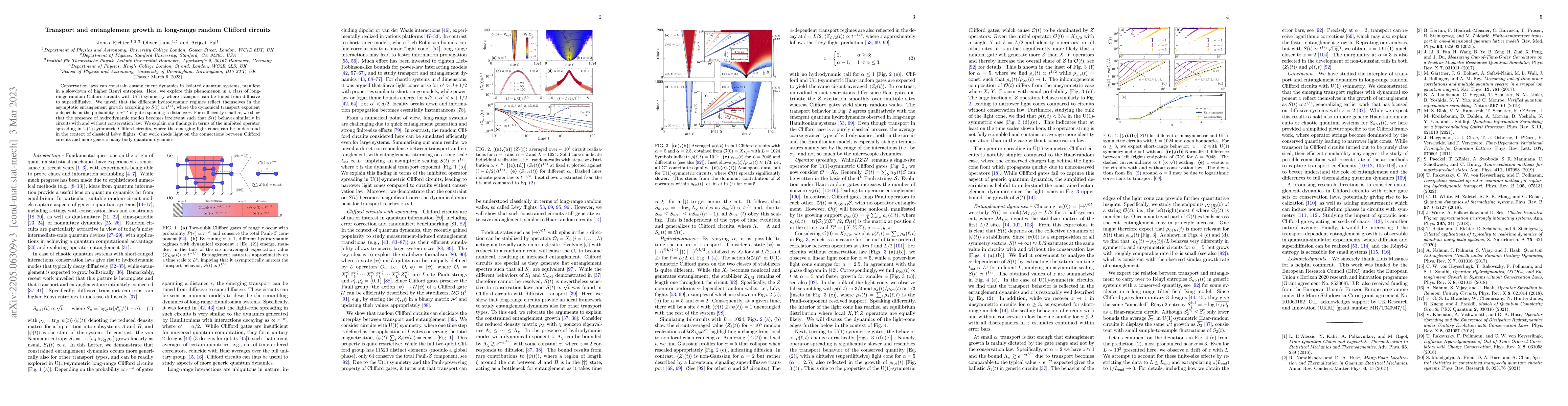 Thumbnail for Transport and entanglement growth in long-range random Clifford circuits