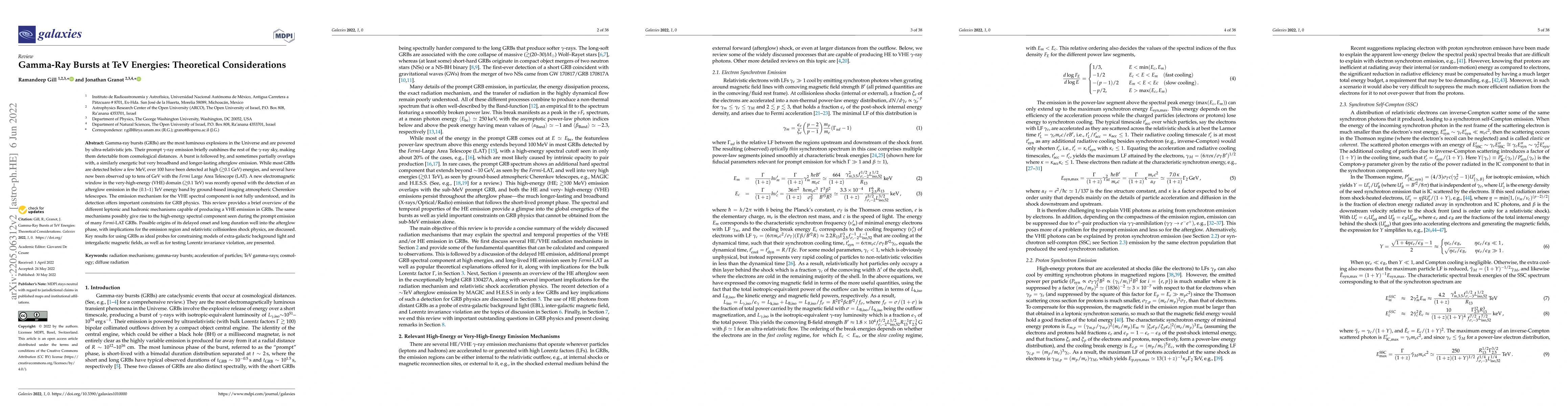 Thumbnail for Gamma-Ray Bursts at TeV Energies: Theoretical Considerations