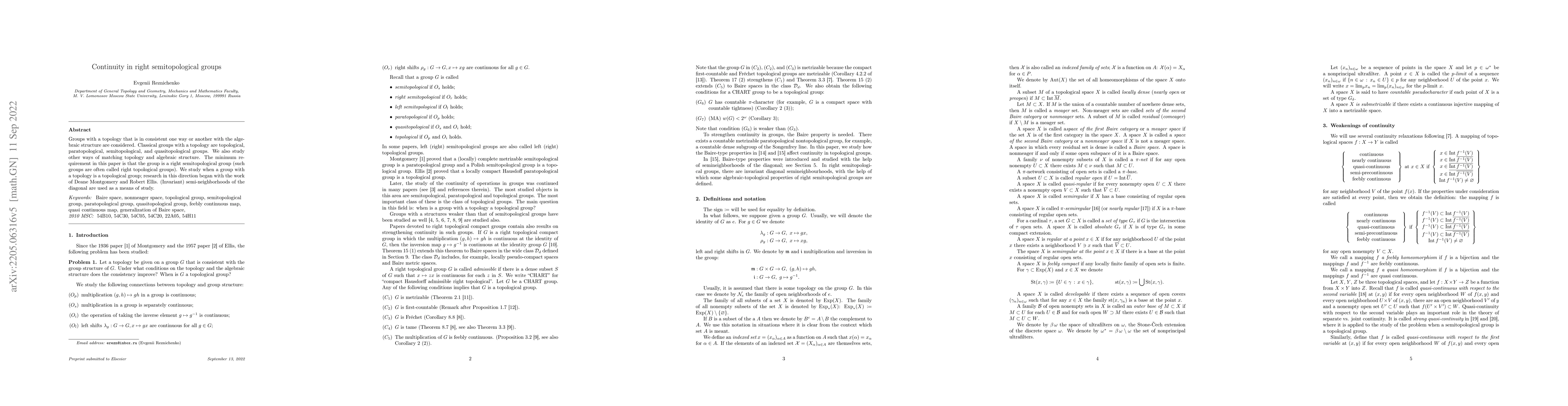 Thumbnail for Continuity in right semitopological groups