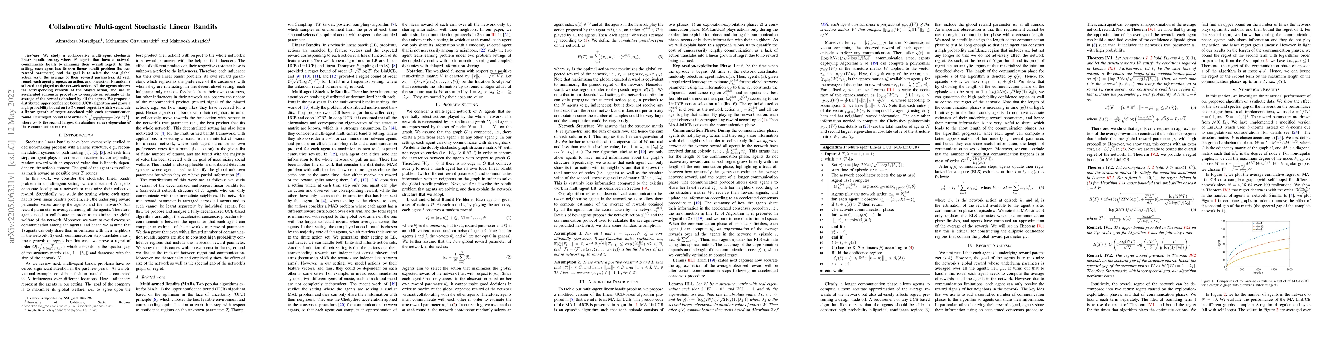 Thumbnail for Collaborative Multi-agent Stochastic Linear Bandits